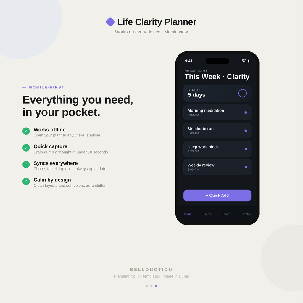 Life Clarity Planner on mobile — today's schedule, habit streaks and quick add